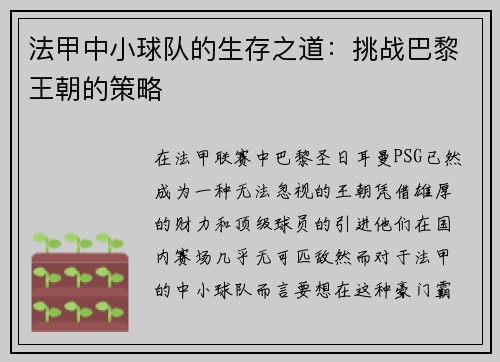 法甲中小球队的生存之道：挑战巴黎王朝的策略