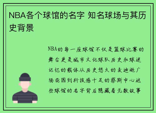 NBA各个球馆的名字 知名球场与其历史背景