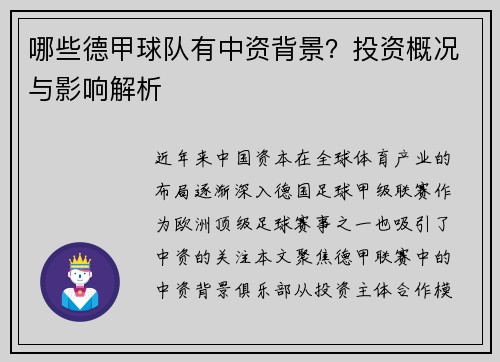 哪些德甲球队有中资背景？投资概况与影响解析