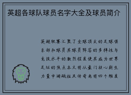 英超各球队球员名字大全及球员简介